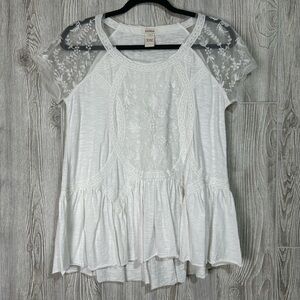 Sundance Slub Cotton Lace Short Sleeve Blouse Top White Ruffle Bottom Small
